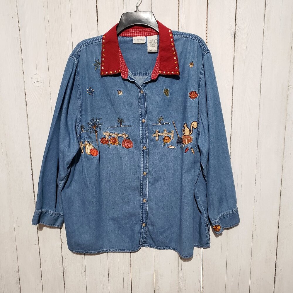 White Stag 22 24 Top Blouse Blue Denim Fall Embroidered 2X 3X Indie Festival